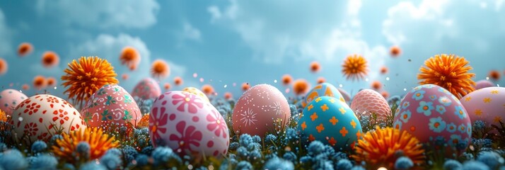 Easter Decorations On Blue Sky Background, Background Banner HD