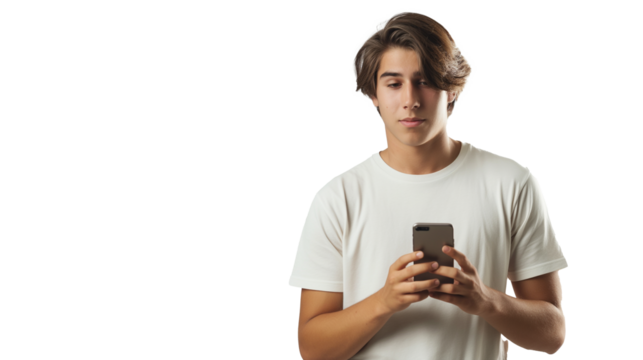 young boy using smartphone isolated on transparent background, person with mobile cutout  - Powered by Adobe