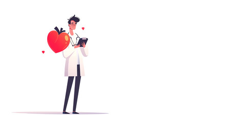 A cartoon doctor in a white coat on a white background. Copy space banner