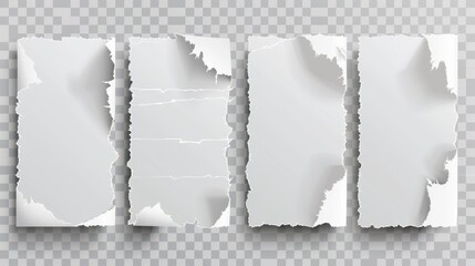 Isolated on transparent background, set of ripped white paper sheets. Modern illustration of ripped pages with uneven texture edges. Damaged letter, mockup, newspaper cutout.