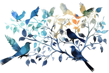 tree silhouettes birds watercolor