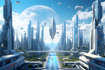 Creative concept illustration of a futuristic cityscape: skyscrapers, towers, high-rise buildings, aircraft,  generated by AI. 3D illustration