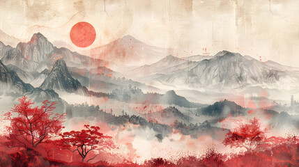 A traditional Chinese ink painting of hills and trees on textured paper, featuring an old Asian-Japanese design. A beautiful artwork that evokes a peaceful and serene atmosphere.