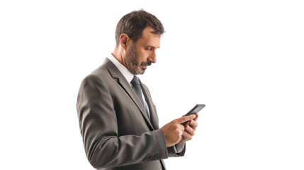 businessman holding mobile phone isolated on transparent background, businessman using smartphone cutout 