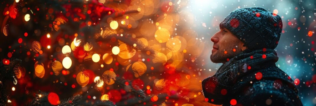 Happy Man Standing By Christmas Tree, Background Banner HD
