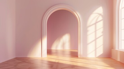 An empty room interior with an arch entrance in 3D. Modern living room, office, or gallery with wooden floor, shadows, and sunlight from a window on the wall. Modern realistic illustration.
