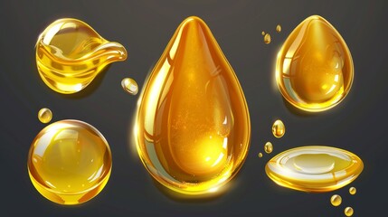 The gold honey or yellow argan oil modern droplet set is isolated realistic 3D yellow serum liquid drop stain with bubble top view. A keratin cosmetic fluid puddle illustration on a transparent - obrazy, fototapety, plakaty