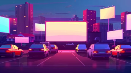 Foto auf Glas A modern cartoon summer night city with glowing blank screens and automobiles. Drive-in movie theaters and urban entertainment. © Mark