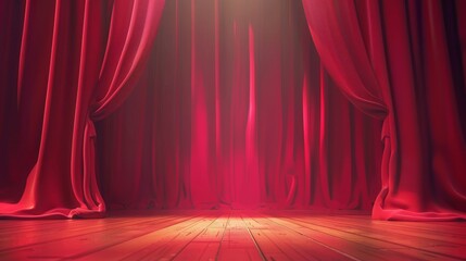 Theater, opera curtain backdrop, concert backstage, movie premiere portiere template, video opening backstage. Realistic 3D illustration of red stage curtain and wooden floor.