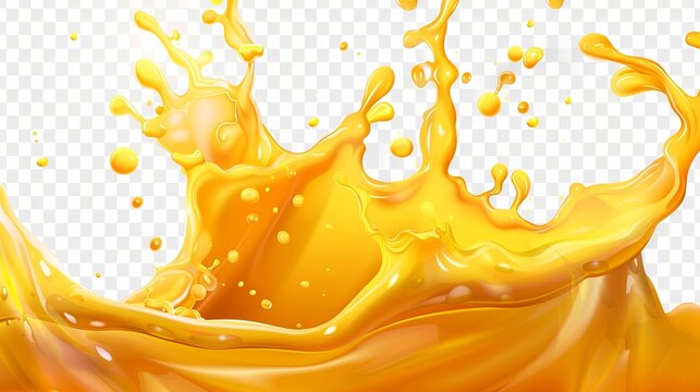 Modern realistic set of liquid waves of falling and flowing beer, orange, mango or lemon juice, oil, soda or honey. Isolated on transparent background.