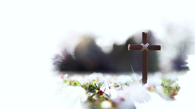 A cross symbolizing the death and resurrection of Jesus on Easter, a spring background with flying cherry blossom petals and the effect of ink spreading and spreading.
