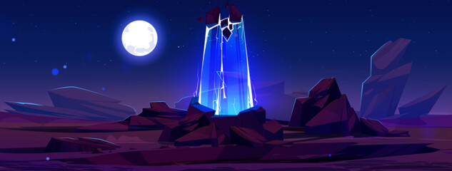 Blue magic portal on fantasy space game landscape background. Adventure on alien planet with ancient rock and stone scene in desert with moon and cliff. 2d futuristic hologram teleport with neon light