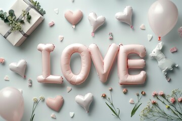 pink inflated, plump ,  three-dimensional text LOVE with flowers and gifts on blue background. Greeting card , seasonal holiday.