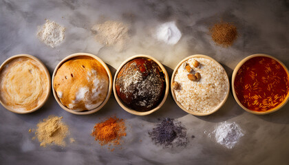 Top view of a row of bowls with various spices and grains, arranged in a line