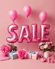 pink inflated, plump ,  three-dimensional text sale with flowers, gifts, balloons . Discount, shopping concept.