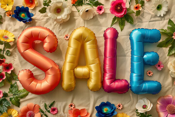 inflated, plump ,  three-dimensional text sale with flowers on beige background . Discount, shopping concept. - obrazy, fototapety, plakaty