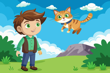 child and  cat  illustration 