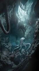 Show the ominous beauty of a deep sea cavern with a massive squid lurking in the shadows