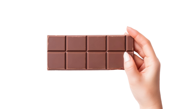 Female hand holding a chocolate bar isolated on transparent a white background