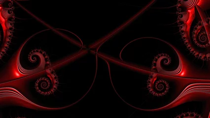 Gordijnen neon bright red scarlet spiraling pattern and design art-deco spiral style on a plain black background © john