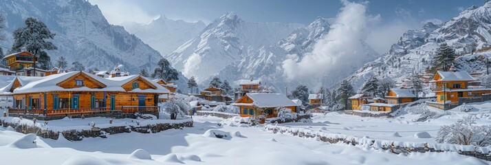 Scenic View Snowy Mountain Village, Background Banner HD