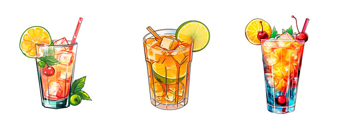 Three colorful cocktail illustrations with garnishes in PNG format, transparent background: a cherry-topped red drink, a minty lemon concoction, and an orange citrus mix.