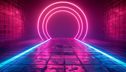 Retro style 80s neon tunnel door synthwave futuristic Sci-fi street shape with neon lines background. Generated AI - obrazy, fototapety, plakaty
