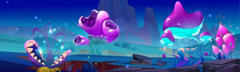 Rolgordijnen Night fantasy alien plant magic game background. Fantastic space planet scene with mushroom, flower and psychedelic extraterrestrial nature from another world. Futuristic fairy park location to play © klyaksun