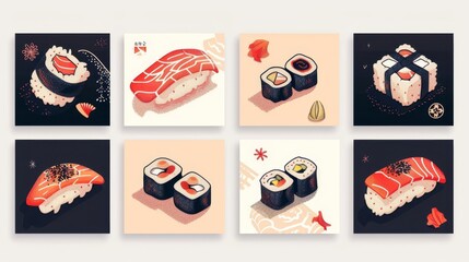 There are is a set of sushi cards designs set. Asian cuisine bar, Japanese food restaurant, square promo backgrounds. Japan sushi rolls, maki sale, delivery, promotion offer post templates. Flat