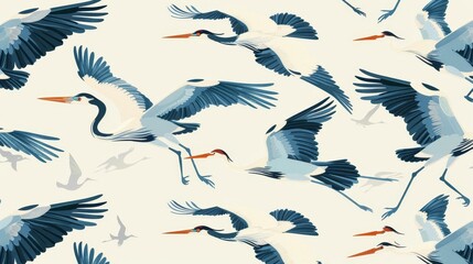 Fototapeta premium Floating birds flock, seamless pattern design. Herons, cranes in sky, endless nature background, texture, repeat prints for textiles, fabrics, wallpapers and wrapping.