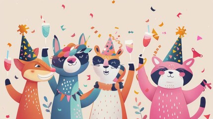 Happy birthday postcard design. Funny wild animals dancing at a celebration party with champagne, wineglasses, and confetti. - obrazy, fototapety, plakaty