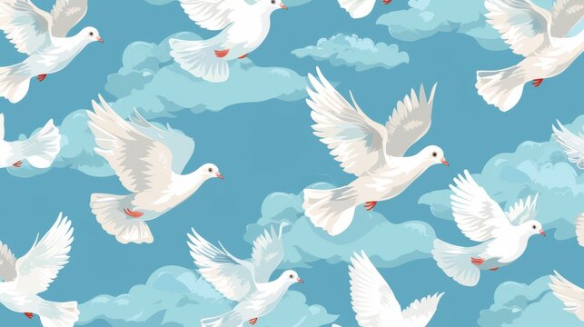 In the sky, birds are flying, endless background, texture design. Black and white feathered pigeons fly, repeating pattern on fabric.
