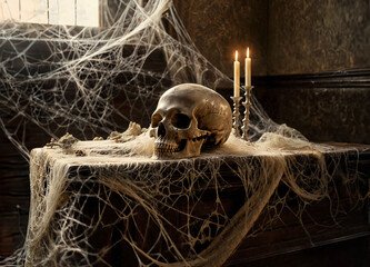 Skull on the altar entwined with cobwebs, Generative AI