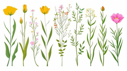 Fototapeta na wymiar The petals of spring flowers. The petals of summer field flowers. The tender stems of a wildflower. The stems of a wild herb. Botanical natural flat modern illustration isolated on a white