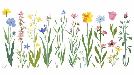 A delicate delicate delicate floral flora. Charming wildflowers on white background. Spring flowers. Field floral plants. Natural summer wild blooms, stems, and leaves. Flat modern illustration.