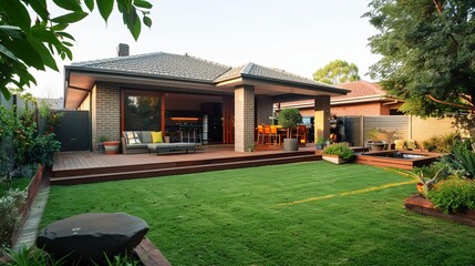 Modern home extension renovation with deck, patio, and courtyard in Melbourne - obrazy, fototapety, plakaty