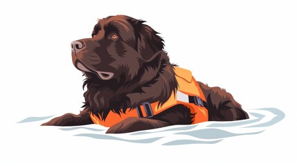 Working rescue dog of the Newfoundland breed. Lifesaving canine animal, trained as a rescue dog for water accidents, emergencies. Flat modern illustration isolated on white background.