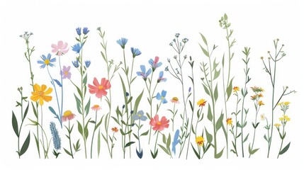 Flower stems from spring. Field floral plants in summer. Delicate natural simple herbs in a gentle meadow. Botanical flat modern illustration isolated on white.