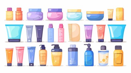 Skin care essences in bottle, jar, tube. Modern illustrations of shampoo, cleansing gel, moisturizing cream, hair spray, skincare lotion.