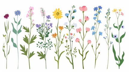 Flowers stems in spring. Field floral plants in summer. Delicate natural herbs. Botanical flat modern illustration isolated on white.