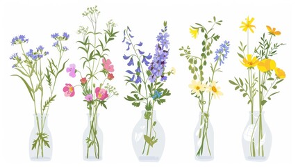 Fototapeta na wymiar Cut meadow stems in jug. Delicate fragile summer wildflowers, simple wild herbs. Modern illustration on white background.