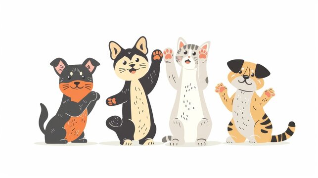 Dogs and cats giving high five with paws. Happy pets friends saying hi with clap gestures. Modern illustration on white background.