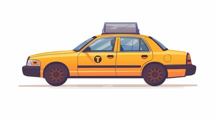 Car used for passing through the city. Yellow cab, automobile, city ride service. Classic taxicab with sign on the roof. Urban road motor vehicle. Flat modern illustration isolated on white.