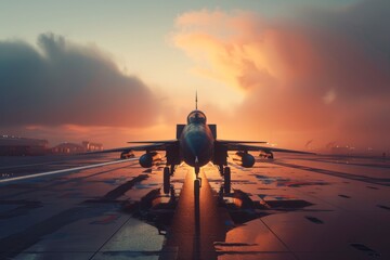 A fighter plane soaring through a fiery sunset - obrazy, fototapety, plakaty