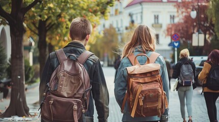 Obraz premium Students walking to school together, friendship and education concept