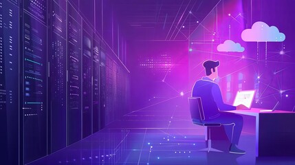 Tech guru working in futuristic data center with laptop, cloud computing