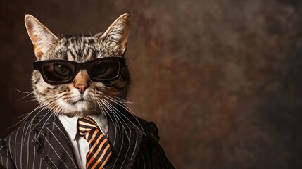 Stylish Cat Wearing Sunglasses and Suit with Tie