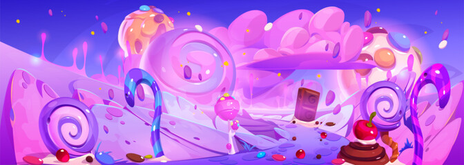 Fantasy sweet candy land game landscape background. Cute cake and confectionery food with chocolate in dream scene panorama design. Lollipop dessert in candyland world with road and childish nature - obrazy, fototapety, plakaty