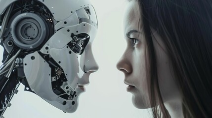 Woman confronting AI, concept of humanity vs artificial intelligence - obrazy, fototapety, plakaty