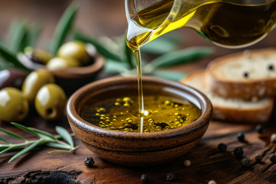 Olive Oil and Olives in bowl glass on Wooden Table at still life rustic setting of olive oil glass bottle and a bowl jug of mixed liquid extra virgin olives on a wooden table indoor homemade